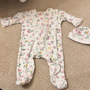 Little Me Pink and Yellow Floral Kids One Piece with Hat